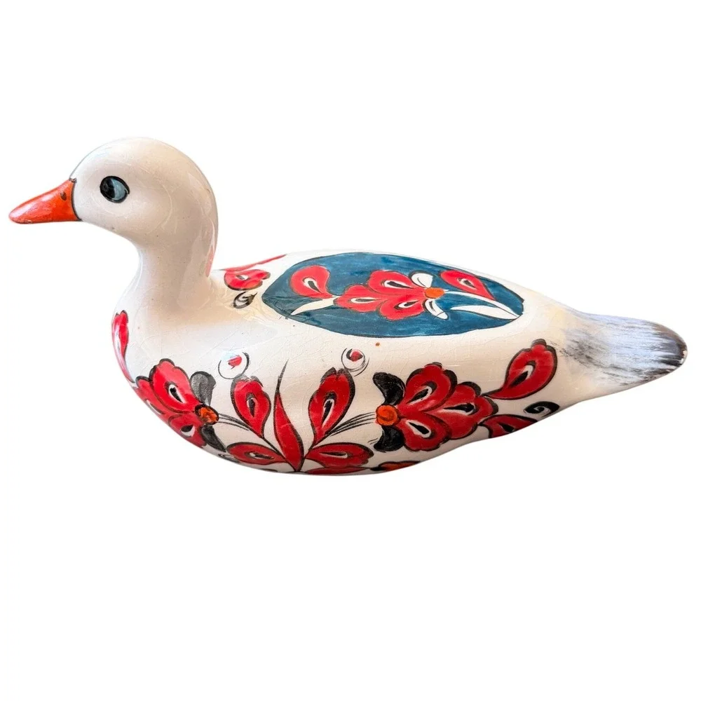 Hand Painted Ceramic Duck Figurine Floral Folk Art White Red Blue 8 Inch